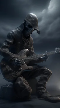 A guitar player in a band are tied to their musical instruments ,surrealism of the dark of a nightmare ten miles high and six foot deep, hyper photorealistic, hyper detailed dark art color, high resolution, fog, octane render, tilt shift, HDRI Environment, all pictures dark gray