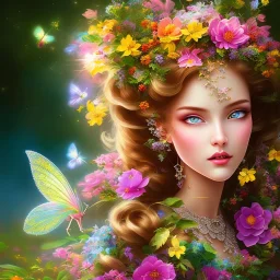 bright fairy, beautiful portrait, flowery landscape