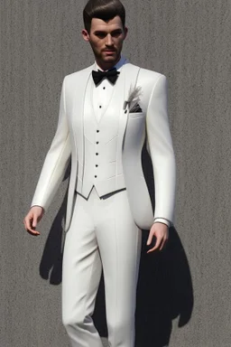 White and grey men's wedding suit with white gold tiePhotorealistic