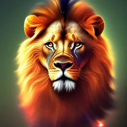 A beautiful portrait of a lion red green color scheme, high key lighting, volumetric light high details psychedelic background