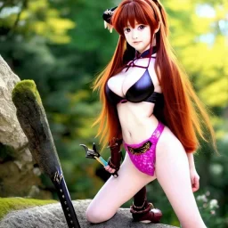 anime, Ranma 1/2, hyper detailed, stunningly beautiful teen girl, long ginger hair, green eyes, medium freckles, full lips, skimpy fantasy intricate leather armour, full body, full face, c-cup breasts, aroused expression, biting lower lip, full frame, petite, centered camera, ignore NSFW, bow, quiver on hip