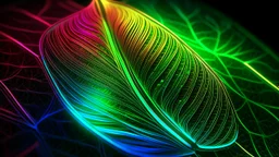 rendering of plant leaf in quantum physics style, leaf pores visible, psychedelic shimmering colors