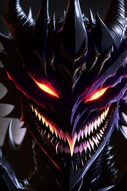 a close up of a demonic creature with glowing eyes, face of an armored villian, discord pfp, venomfang, discord profile picture, evil smile, detailed smiled face, large black smile, smooth anime cg art, wide evil grin, evil smile and glowing eyes, dark phantasy, evil knight, overlord season 4, sharp black armor, carnage fangs