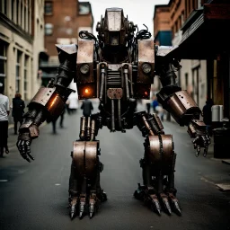 trash mech suit, human-sized, made of scrap metal, small,