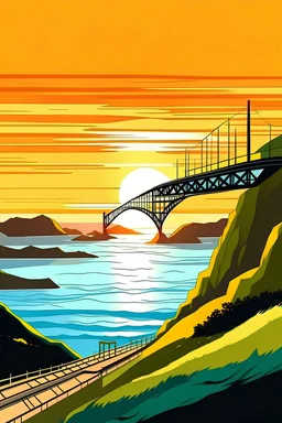 make a sunset over the ocean where you see the road eyelands on the ocean. and one that connects to the land with a white bridge. make it in a cartoon and animated way