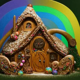 an intricate Hobbit-style gingerbread house with rainbow sprinkles, frosting, 8k resolution, centered, high-quality, ultrafine-detail, wide-angle lens, digital art, detailed matte, volumetric lighting, illustration, 3D octane render, brian froud, howard lyon, ben goossens, George Grie, alphonse mucha