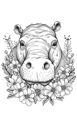 portrait of hippo and background fill with flowers on white paper with black outline only