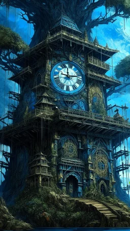 A dark blue clock tower in a galaxy designed in ancient Roman mosaics painted by Claude Monet