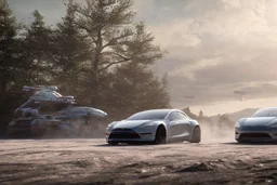 A Tesla 'Model S' is drifting at top speed, on the planet 'Hoth'. CINEMATIC. WIDE ANGLE LENS. PHOTO REAL.