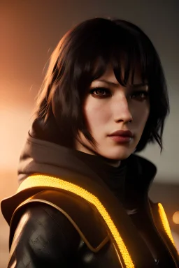 Portrait, Human female assassin character, yellow eyes black, hair, black cloak, 4k resolution, intricate details, ornate details, soft lighting, vibrant colors, retroanime, masterpiece, natural background, realistic