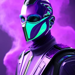 purple galaxy masked villain, futuristic, teal and purple smoke, full portrait, hyper realistic, 4k