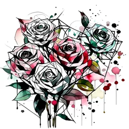 geometric bunch of roses, Watercolour effect, forest abstract,roschCh ink blot test, white background, muted colour's.no black outline, no black colour only white more watercolour blobs, no black outline, other colours