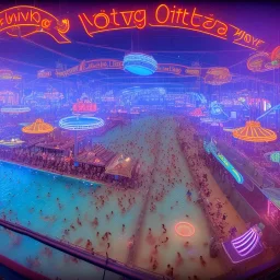 schwimmbad im oktoberfest,dampf, handtücher, menschliche gäste, cyberpunk art, neonlights, night, 8k, extremly detailed,