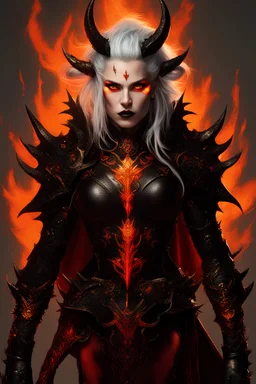 A voluptuous and beautiful she-devil wearing black-spiky armor, silver hair, red skin, black eyes with orange pupils, black runic tattoos on her face, golden accessories in her hair, wielding infernal trident with black chaos energy, standing in the 9 hells.