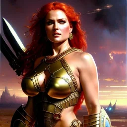 fullbody portrait 'beautiful sexy busty mature Redsonja',wearing minimal ancient metal armor,hyperrealistic skin,Hyperrealistic Big eyes,painting by gaston bussiere, greg rutkowski, yoji shinkawa, yoshitaka amano, tsutomu nihei, donato giancola, tim hildebrandt, oil on canvas, cinematic composition,sharp image, extreme detail,((fit full head inside picture)),32k