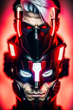 glowing Red eyes, mask, Male, portrait, Dark tactical suit, white hair