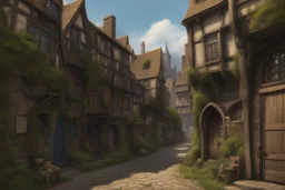 gothic, medieval street in a shanty town, inns, shops, balconies, bridges, arches, cobbled roads, people, in a wood, dense foliage, photo-realistic, Hogwarts, blue sky