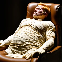 a chubby extremely mummified male corpse, eyes closed, strawberry blonde hair, leaned over in a brown chair