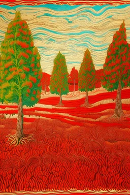 A red grassland plain with cypress trees designed in Mehndi design painted by Claude Monet