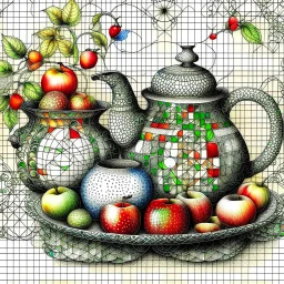 Watercolour and ink patchwork in the style of Jamie Heiden, Walter Crane, Yayoi Kusama, Ivan Shiskin, John Atkinson Grimshaw: zentangle cute whimsical watercolor Still life with apples on a porcelain plate and a teapot crisp quality, ultra detailed, elegant, fantastical, surreal, watercolor and pen, beautiful high definition fine 3D line art, white and grey and red dreamy colours, extremely detailed, intricate, elaborate, HDR, award winning, expressionism, fantastic view, ethereal, fantasy, unsi