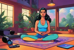[psychedelic artbook cover art by Bruce Timm] she is in her yoga class today, focus and calm. she kept her phone next to her mat...