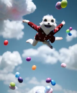 Ultra realistic speed clouds sky scene, wide angle view, child falling down with many Children background, inflatable monsters, circus dress style, feather color, free jumping flying, many trinkets, hair monster, many jelly beans, balls, color smoke, smile, happy, extreme, wind, clouds sea, 20,000 feet altitude, stratosphere, soft color, highly detailed, unreal engine 5, ray tracing, RTX, lumen lighting, ultra detail, volumetric lighting, 3d, finely drawn, high definition.