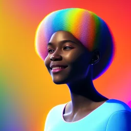 Ultra realistic photo. volumetric lighting , scientist. Young black woman, young, big smile. Joy. smiling. Afro futurism. Afro puffs. Blue hair. Ombré hair Cotton candy