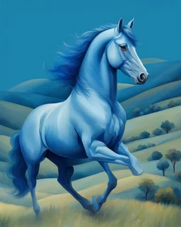 a blue horse in hills like a 19th painting