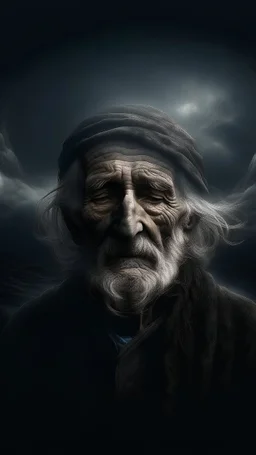 Mourning in dephts of ocean , a halo face of old man with a smoky clouds in dark gloomy foggy background with very small dem light