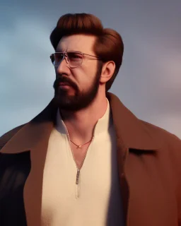 a young man with big muscles who looks like hans gruber wearing a heavy coat and red sunglasses staring with an irritated look on his face standing in front of a large fire