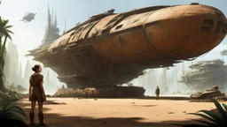 Concept art. wide-angle. skinny 50-year-old woman in brown shorts, shirt, and boots, standing next to a Naboo Royal Cruiser cargo ship, sitting in a derelict alien jungle town. Best quality.