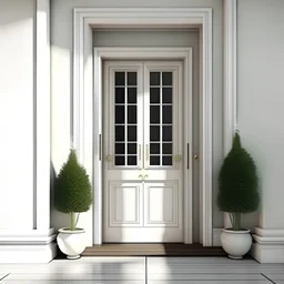 Casa con hall de ingreso con puerta blanca y ventana de vidrio. En su costado un porton de garaje blanco