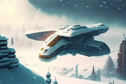 spaceship flying low over a snow-covered city