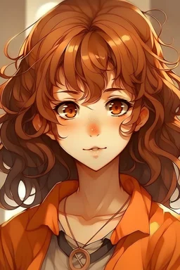 Girl with orange and curly hair, brown skin, big and brown eyes, anime