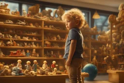 a little boy with curly blond hair is standing with his back to us, looking at toys (stuffed animals, building blocks, trains, legos, rocking horses) in a toy shop window Nikon D850 digital painting fantasy 4k very attractive fantastic view ultra detailed 4K 3D cinematic postprocessing in sunshine