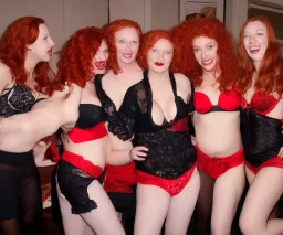 a photograph of ginger hair women in black and red lingerie on a Christmas party