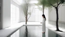 Woman in the foreground dressed in white in a bright white minimalist interior courtyard where the murmur of water whispers and the shadows of some leaves of nearby plants sway