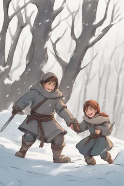 DnD style, two medieval peasant kids playing in the snow, female age 14 and male age 15, happy and playful, he has a short sword.