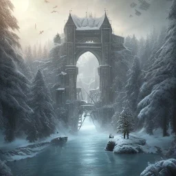 fantasy art, book illustration, upper body of big mad wizard on bridge ,icy water, on the bridge is a wolf, there is also a hawk and everything is seen from the tree tops