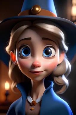 Generate a fully realistic Disney-style avatar in 4K resolution featuring a character with large, expressive eyes and a kind facial expression. The character should be dressed like a wizard, with magical and enchanting attire. Pay attention to intricate details in the outfit to capture the whimsy and charm associated with Disney characters. Emphasize a sense of magic and wonder in both the facial expression and the clothing. Ensure that the eyes are captivating and convey a magical aura.