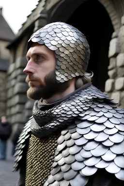 Human Male with small amount of silver dragon scales in a medieval town