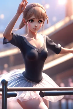 8k quality realistic image of a beautiful anime girl, doing ballet ,holding on to the rail,action, up close, 3d
