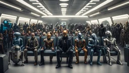 photo from the futuristic waiting room of a studio, a large crowd waits in a giant room. the aliens mutant humans, strange fantastical creatures, droids, and a few human-like beings of all sizes, colors, shaped and looks, stand in the crowd. high detalied, sharp focus, photorealistic, sci-fi style Professional photography, bokeh, natural lighting, canon lens, shot on dslr 64 megapixels , hd