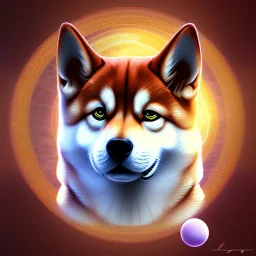 shiba inu pointing top right corner, psychic ethereal orbs