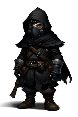 male gnome wearing full leather armor, a black hooded cloak and a full mask