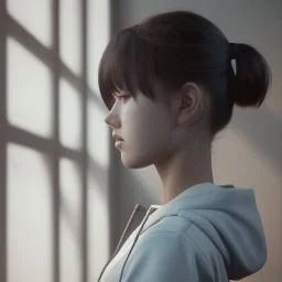 female student studying by the window, anime style,perfect face, cool face, unreal engine 5, cinema4d, sun light, studio lighting --ar 1:1 --v 4