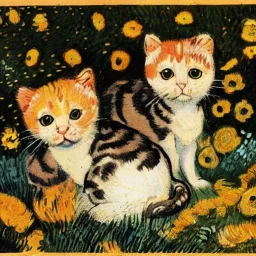 Portrait of kittens in a flower garden by Van Gogh