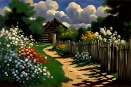 Clouds, cabin, spring trees, little pathway, fence, flowers, frederic bazille impressionisn painting