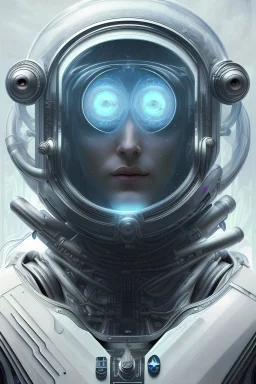 Create an ultra-realistic, highly detailed, concept art featuring a close-up portrait of a futuristic astronaut. The intricate textures of the design bring the character to life, while the interstellar background adds a sense of space travel and adventure. This captivating crypto t-shirt design combines the artistic styles of Alphonse Mucha, Ryan Kittleson, Greg Rutkowski, Leesha Hannigan, Stephan Martiniere, and Stanley "Artgerm" Lau.