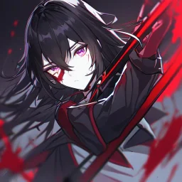 Clear focus, High resolution, rough line sketch art, long black hair, hair between eyes, fluffy hair, purple eyes, wearing a black and red sailor uniform, dark aura, mad, holding katana, bloody mess, glowing eye, looking down on viewer